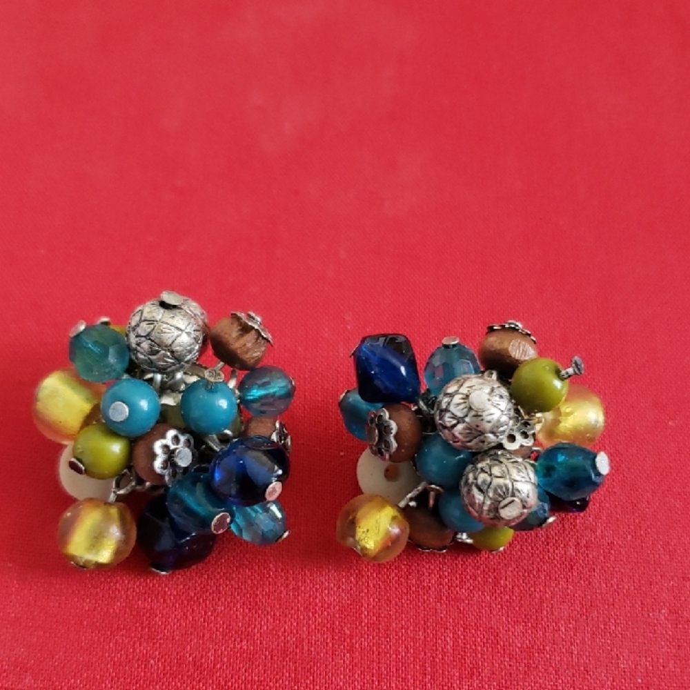 Clip On Earrings Vintage Blue Green Silver